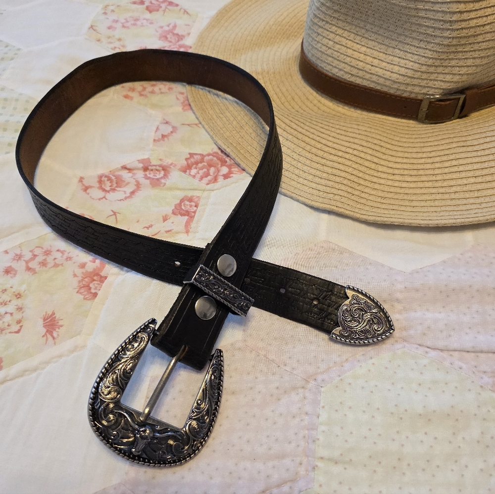 Western-Inspired Black Handmade Leather Belt with Ornate Antiqued Silver Buckle